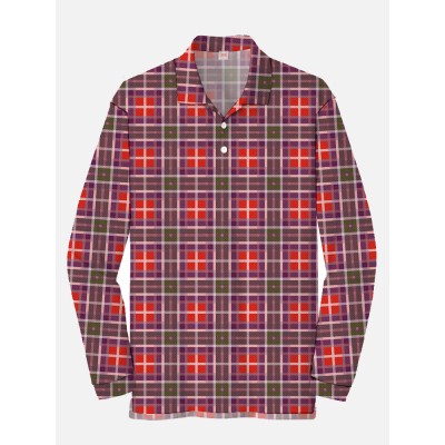 Plaid Series Red Tartan Scottish Men‘s Long Sleeve Polo