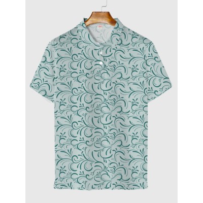 Full-Print Retro Vine Floral Pattern Printing Men‘s Short Sleeve Polo