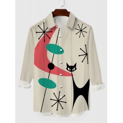 Geometric Pattern And Cat Printed Men's Long Sleeve Shirt